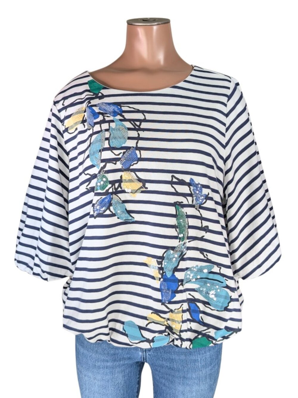 Chico's 2 Large Navy White Stripe Floral Embroidered Lined 3/4 Sleeve Top